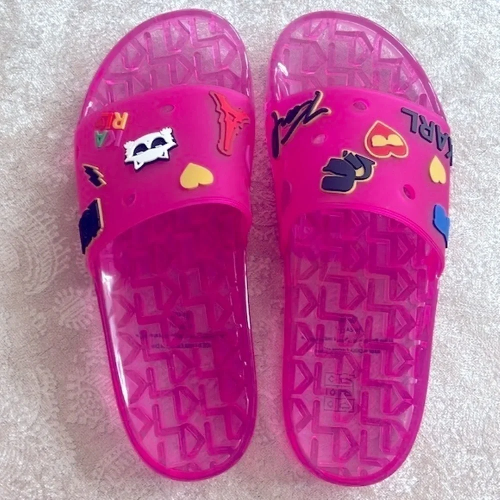 Brand New Karl Lagerfeld Paris Thea Jelly Pool Slides Embellished Pink Sandals - Picture 14 of 16